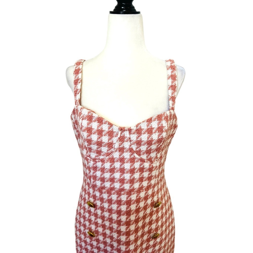 Forever 21 Houndstooth Mini Dress Button Front Sleeveless Pink White M - Picture 3 of 9